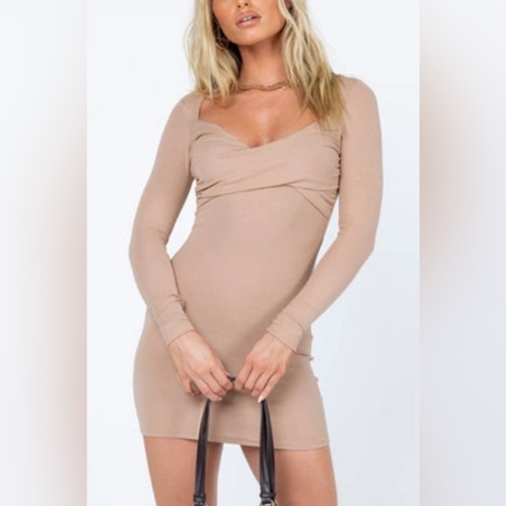 Princess Polly Jailen Long Sleeve Ribbed Mini Dress in Caramel‎ - 8